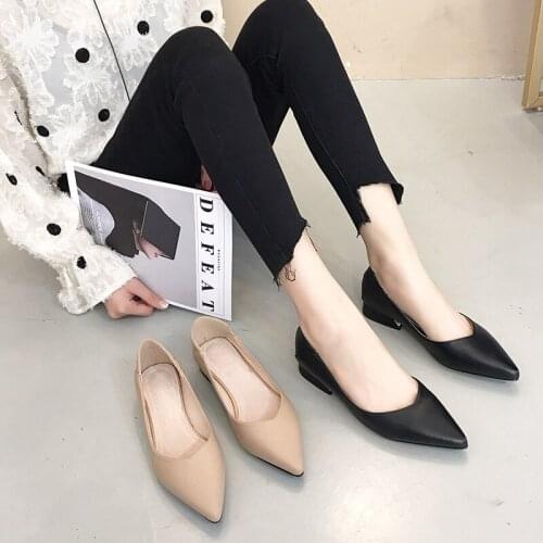 Women Shoes Middle Chunky Heels Ladies Pumps Zapatos De Mujer Pointed Toe Genuine Leather Office & Career Mary Janes Work