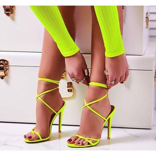 2021 European Summer Sandals Candy Color Point Toe Lace Ankle Strap Party High Heels Pumps 11.5cm High Thin Heel Sandals Lady