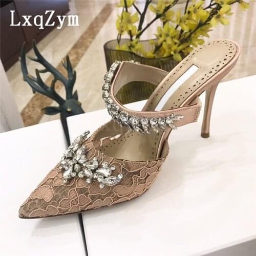 2021 Satin Sandals Women Pink Color Rhinestone Buckle Flats Shoes Ladies Sexy Party Shoes Mules Slippers Size 35-41