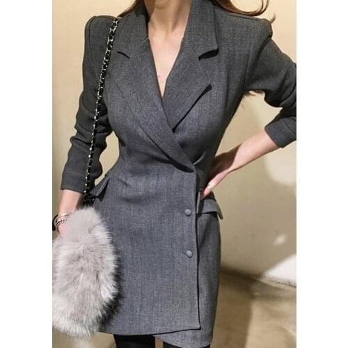 Korea Style Slim Black Jacket 2021 Spring New Long Sleeve Suits Outwear Notched Neck Ladies Office Long Blazer Coats