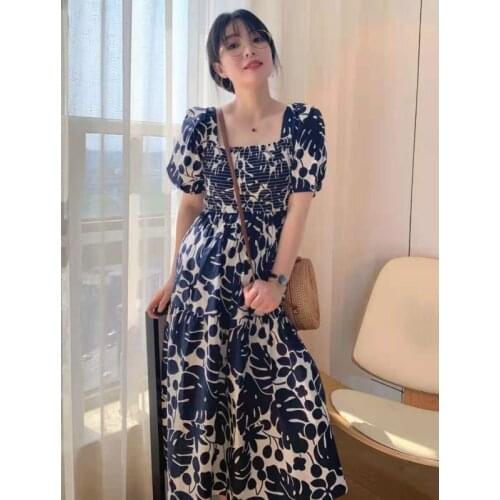 Retro Square Collar Slimming Puff Sleeve Dress doe Women Summer Elegant All-Matching Print Elastic Bust Mid-Calf Length Dress