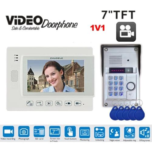 ZHUDELE Video Record / Photograph 7" Wired Video Door Phone Doorbell Home Security Intercom System RFID Camera LED Night Vision
