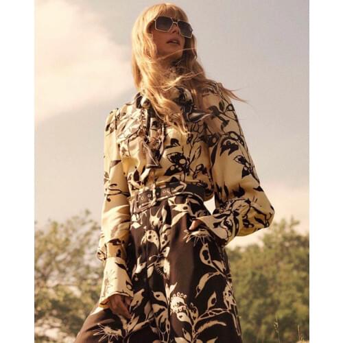 Lapel 11.24 High Quality Lantern Sleeve Retro Fashion Shirt Blouse + Print Silk Scarf