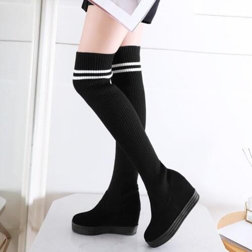 Elastic Slim Spring Socks Boots Women Platform Fashion Wedge Thigh High Boots 2021 Spring Knitted Sock Wedge Shoes Girls Black