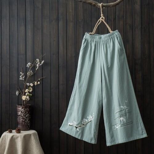 Original Spring Summer New National Wind Embroidery Cotton Linen Casual Casual Slim Straight Pants Trousers