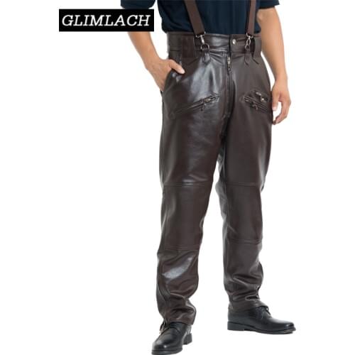 Brown Mens Luxury Cowhide Trousers Plus Size Loose Genuine Real Leather Pants Man Zippers Motorcycle Riding Pants Winter Warm