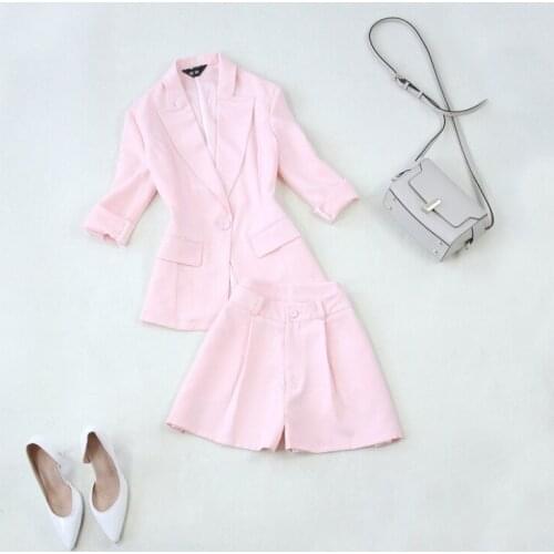 2 piece outfits for women Spring and summer new large size pink 7 points sleeve suit + wide leg high waist shorts thin two-piece