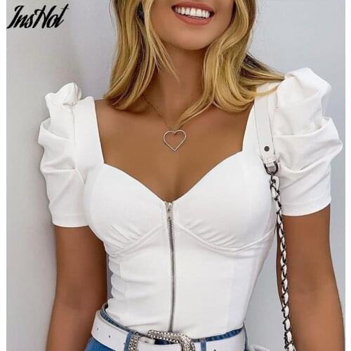 2021 White Short Puff Sleeve Zipper Crop Tops Women Backless Party Sexy Tank Tops Ladies Casual Camis Vest Spring Summer