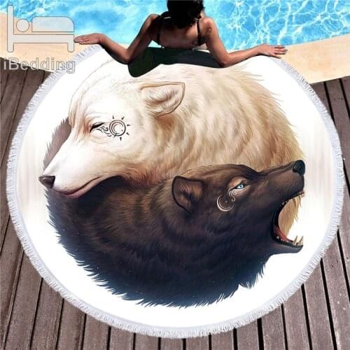Wolf Printed Round Beach Towel For Adults Microfiber Tassel Compressed Towel Black Blanket Large Bath Towel Tapestry Yoga Mats
