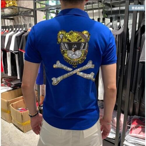 Hot drill Polo Masculino Men Short Sleeve Cotton Shirt Rhinestones Polo Shirts New Diamond stone Fashion Brand Men Polo Shirt