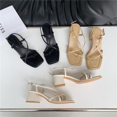 New Arrival Womens Shoes for 2021 Summer Retro Solid Square Toe Chunky Heels Females Sandals Stylish Verstaile Lady High Heels