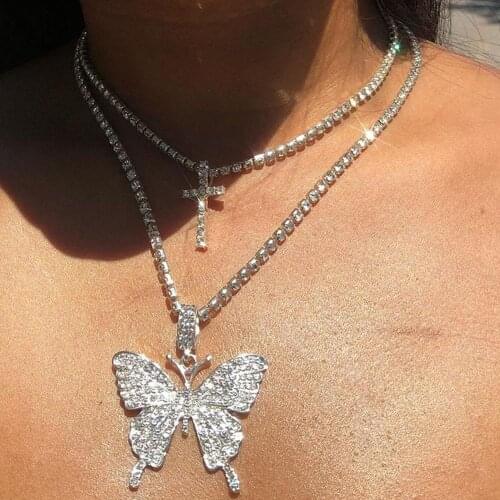 Bling White Crystal Charm Big Butterfly Necklace Pendant Choker for Women Hip Hop Rhinestone Tennis Chain Necklace Jewelry