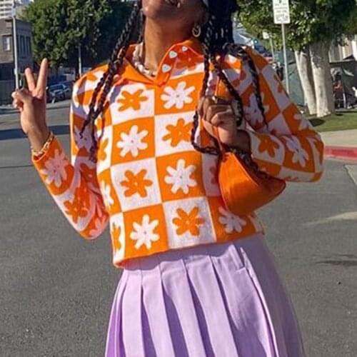 FAll 2021 Women Pullovers Knitted Sweaters Ladies Casual Plaid Floral Printed Turn-down Collar Long Sleeve Knitwear Tops