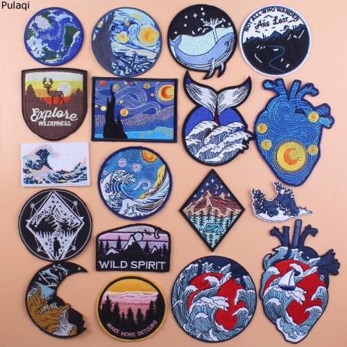 Pulaqi Hippie Wilderness Camping Mountain Patch Embroidered Patches For Clothing Iron On Patches On Clothes Van Gogh Parches DIY