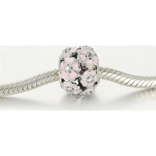Fits Silver Charms Bracelet & Necklace 925 Sterling Silver Primrose With Pink Enamel Charm For Women Bracelet DIY Jewelry