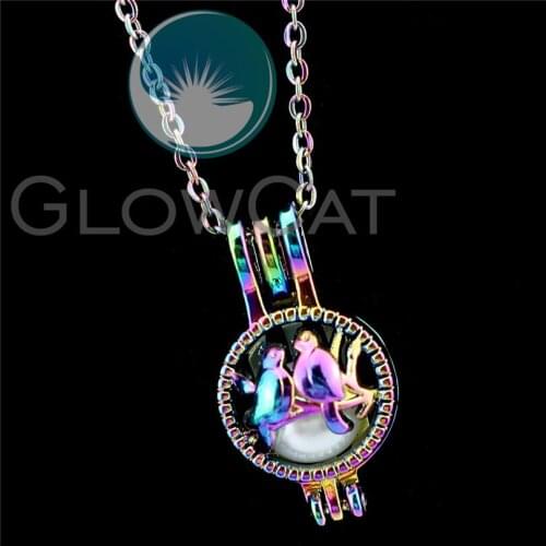 R-C920 Rainbow Love Bird Beads Cage Pendant Essential Oil Diffuser Aroma Pearl Cage Locket Necklace