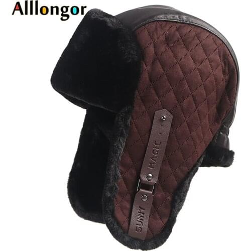 Ushanka Winter Warm Hat Men Russian 2020 Earflaps Faux Fur Leather Soft bomber Hats Plaid Ear Flaps Ski trapper Cap