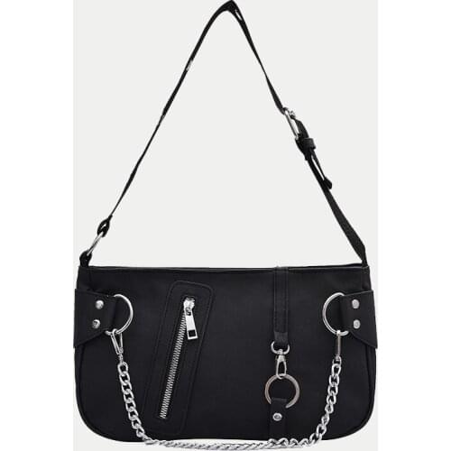 Chic Underarm Shoulder Bags for Women Waterproof Nylon Baguette Purse Black Color Armpit Handbag Clutch Chains Female Bag