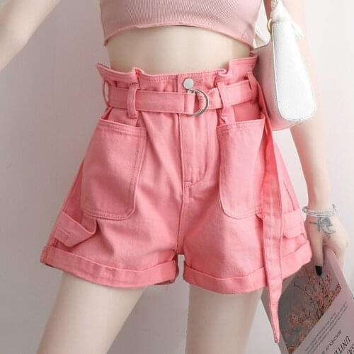Womens Denim Shorts Classic Vintage High Waist Pink White Wide Leg Female Caual Sweet Summer Ladies Shorts Jeans For Female