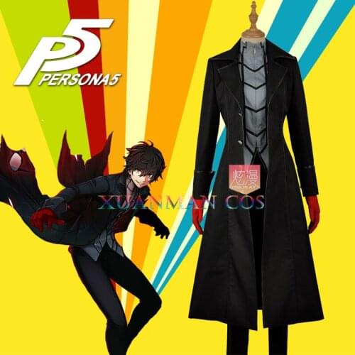 In Stock Persona 5 Hero Joker Phantom Thief Male Versions Cosplay Costume Custom Made Long Black Trench Shirt Pants Red Gloves