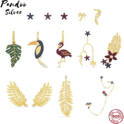 S925 Sterling Silver Jewelry 1:1 Copy,Collection TROPICANA,Mono Toucan Earring,Mono Floral And Palm Leaf Ear Cuff With Logo