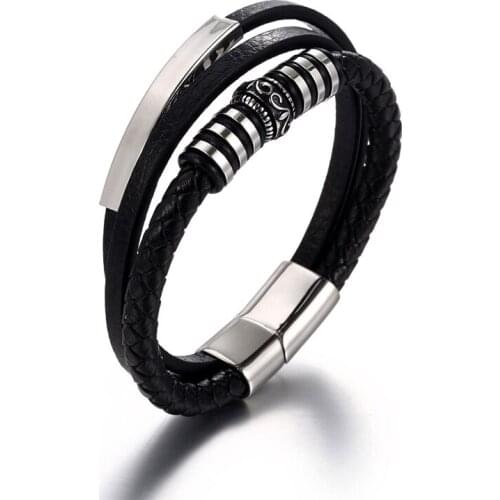 NANDESI Jewelry Silver Stainless Steel And Black Leather Bracelet Genuine Braided Multi-Layer Wrap Magnetic-Clasp Mens Bangle