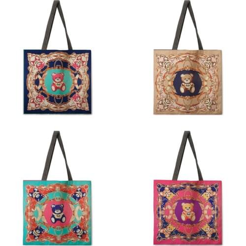 Womens shoulder bag bear print tote bag foldable shopping bag reusable beach bag linen tote bag casual tote bag