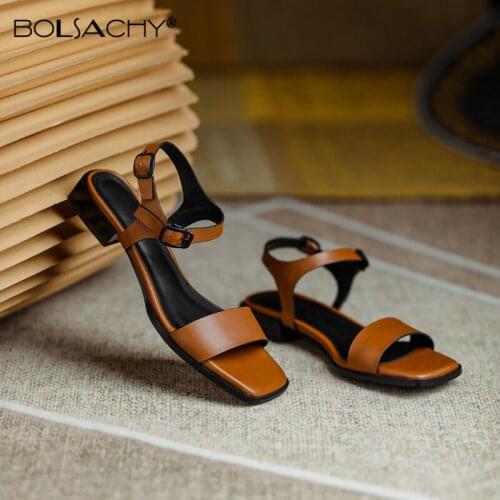 2021 Summer Shoes Retro Open Toe Square Heel Narrow Band Women Sandals Low Heel Solid Cow Leather Office Ladies Sandals Brown
