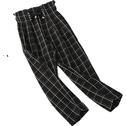 2019 Women Casual Pants Fashion Lace Up High Waist Ankle Length Loose Plaid Harem Pants Wide Leg Pants Loose Elastic Waist Pants