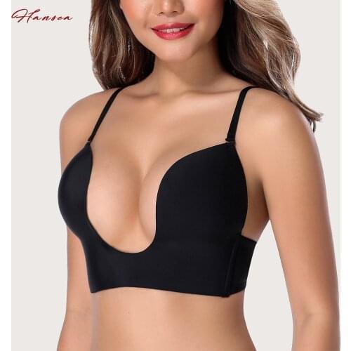 Plus Size Low Cut Bra for Women Sexy Convertible Smooth Contour Bralette Wireless Deep U Plunge Bras