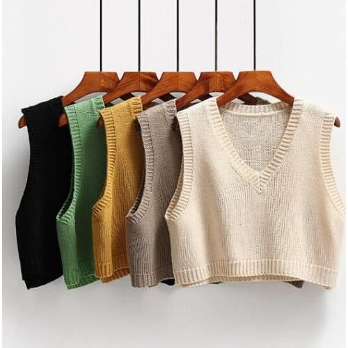 Korean Fashion Autumn Sleeveless Sweater Women Sweet Solid Color V Neck Knitted Loose Sleeveless Slim Vest Jumpers Pull Cloth
