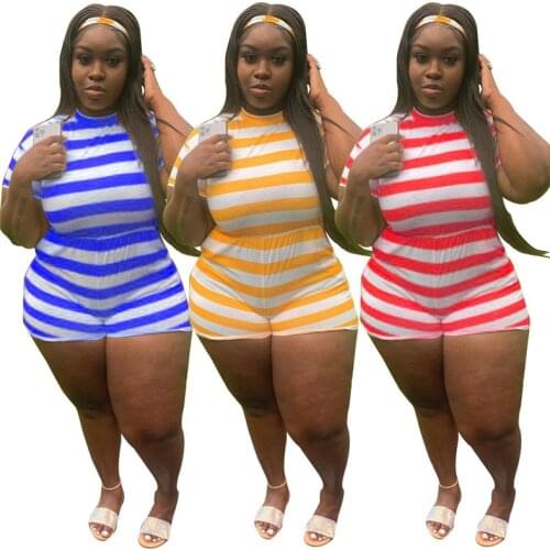 Plus Size Jumpsuit Women Summer Wholesale Stripes Casual Crop Bodycon Tracksuit Jogging Suits Elastic Waist Bodysuit Dropshiping