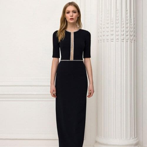 High Quality Runway Summer Elegant Fashion Round Neck Diamond Beading Decoration Short Sleeve Vintage Black Party WomenS Dress