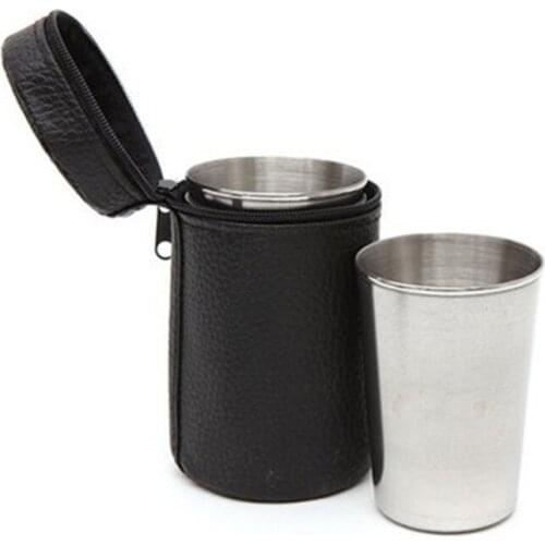 4Pcs/lot Outdoor Camping Tableware Travel Cups Set Picnic Supplies Stainless Steel Wine Beer Cup Whiskey Mugs PU Leather