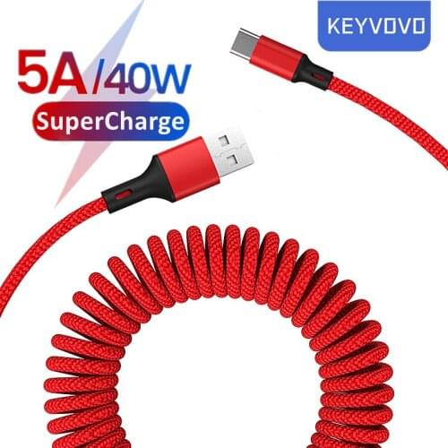 5A SFCP Super Fast Charging USB Type C Cable 1.5m Spring Data Cable Charger For Samsung Xiaomi Huawei P40 Mate 40 Type-C in Car