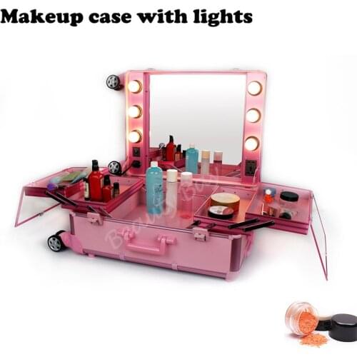 Aluminum frame makeup artist beauty case with lights (without legs), Lighted cosmetic vanity trolley case