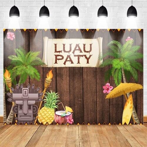 Mehofoto Luau Party Photography Backdrop Wooden Floor Photo Background Hawaii Summer Holiday Plam Tree Pineapple Torch Coconut