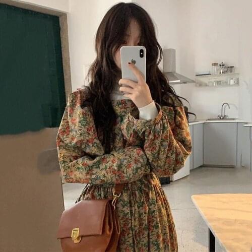 Korea Chic Autumn Retro Small Square Neck Puff Sleeve Flower Skirt Lace-up Waist Mid-length Chiffon Dress