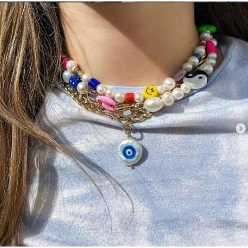 Short creative Yin Yang charm bead baroque freshwater pearl Gossip smilely blue dice necklace chunky stainless steel chain women
