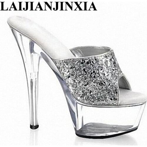 LAIJIANJINXIA Summer Silver 15CM High Heels Platform Sexy Night Club Wedding Party Slippers Dancing Shoes Women Pole Dance Shoes
