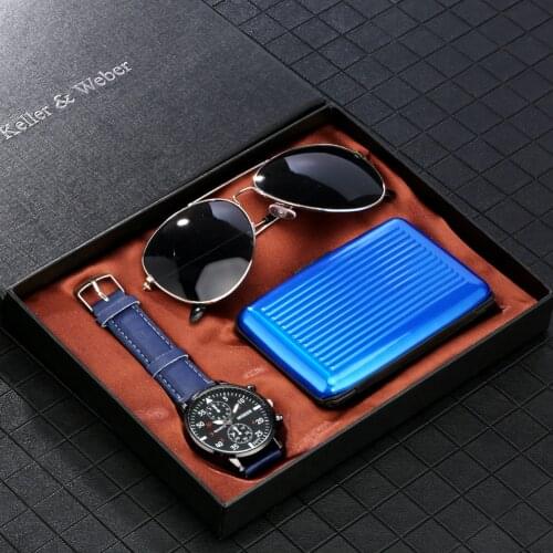 Mens Fashion Watch Sunglasses Credit Card Case/wallet Gift Set with Box Male Luminous Hands Clock Quartz Watches Gifts Dropship