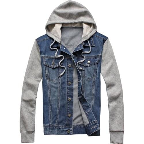 Hot sale mens Knitted sleeve hooded denim jacket Casual fashion Jeans coat Removable hat Cowboy sportwear Plus Size 4XL 5XL