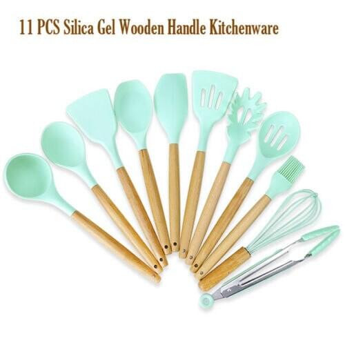11PCS Wooden Handle Silica Gel Kitchenware Non-stick Pan Shovel Spoon Set