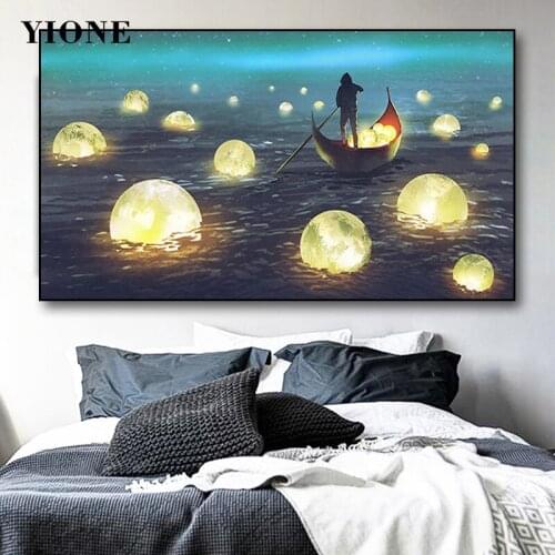 Funny Planet River Light Bulb Art Posters and Prints Abstract Landscape Starry Sky Canvas Pictures Wall Painting for Living Room