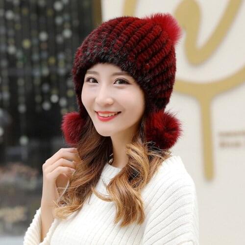 Mink Knitted Womens Hat Womens Quality Fur Hats New Warm Ear Protectors Thicken Fox Fur Ball Women Winter Headgear Ski Cap