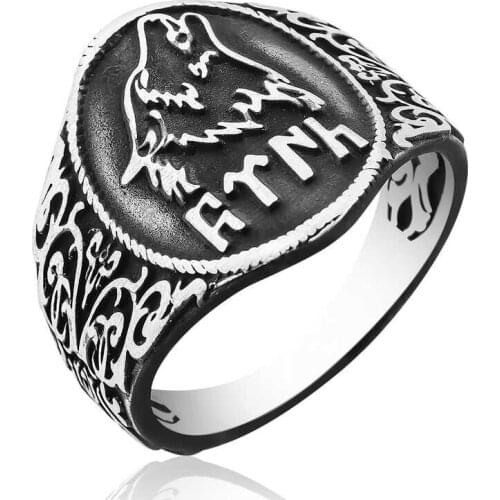 Original silver , Gokturkce Turk Writed Gray wolf Male ,Ring, Good Quality and Affordable without stones, rings Types