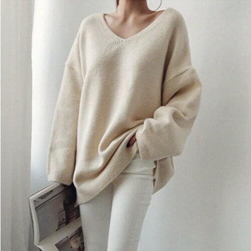 2021 Autumn Winter Plus Size Loose V-neck Sweater Women Age-reducing Long-sleeve Sweater Solid Tops Simple Bottom Knitwear 15919