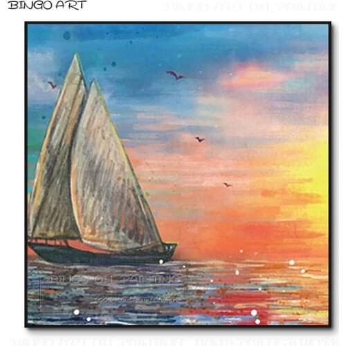 Professional Artist Hand-painted High Quality Colorful Sunset Landscape Boating Oil Painting Rich Colors Landscape Oil Painting