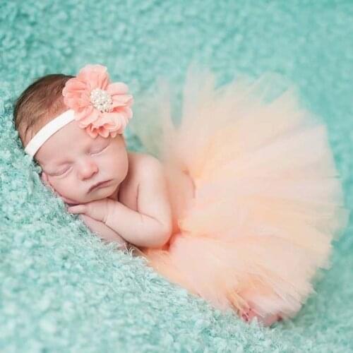 Full Fluffy Newborn Tutu Peach Matching Fabric Flower Headband Pearl Center Great Photo Prop 0-3 months Newborn Gift TS064