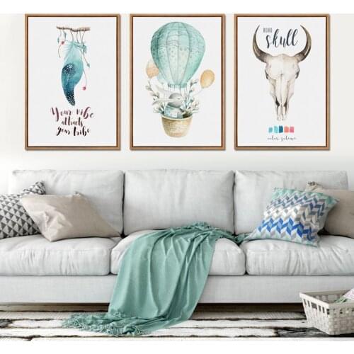 Nordic Fairy Rabbit Hot Air Balloon Blue Feather Sheep Skull Canvas Painting Nursery kid Room Decorative Poster Wall Picture